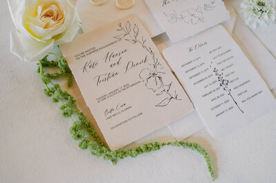 modern wedding invitation with delicate floral illustrations and hand torn edges
