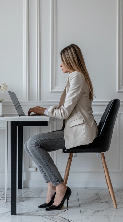 girl in blazer working at desk