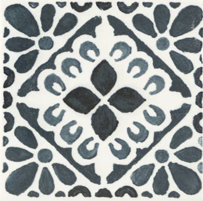 White tile with blue mosaic pattern.