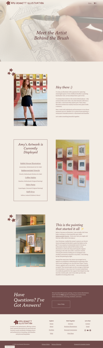About page design for illustrator Amy Bennett, featuring a photo of the artist and brand story section