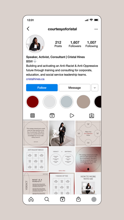 Instagram feed design for Cristal, a public speaker and advocate, the feed is minimal in design