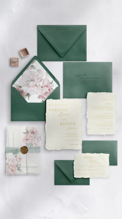 handmade_paper_gold_foil_peony_green_envelopes_wedding_invitation