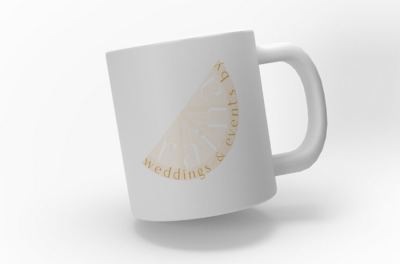 White mug with Events by Raina logo