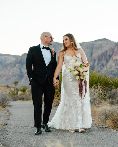 Bride and groom at the red rock canyon scenic overlook in las vegas, nv