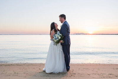 Chesapeake Bay Beach Club wedding photo at sunset by Annapolis Maryland wedding photographer, Christa Rae Photography