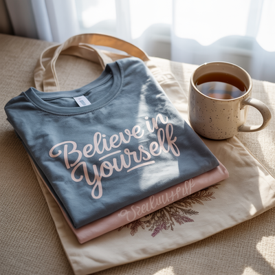 Folded graphic T-shirt reading “Believe in Yourself” next to a ceramic mug of tea, bathed in soft natural light.
