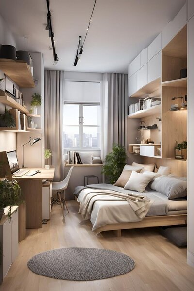 Small studio with bookshelf, desk and window