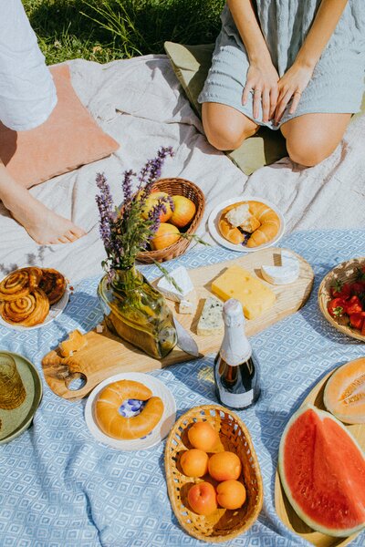 picnic spread on a blanket in the grass