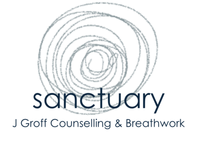 Logo for Sanctuary, featuring a hand-drawn spiral and the text “J Groff Counselling & Breathwork”