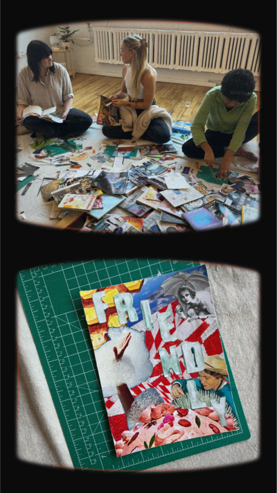 Two-frame film graphic with a paperclip on top features three multiracial women in a fish-eye lens with blue sky and white cloud background. The second photo pictures a Brooklyn intersection with street lights, and overpass and building in the background.