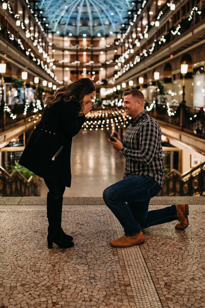 Cleveland arcade surprise proposal in winter.