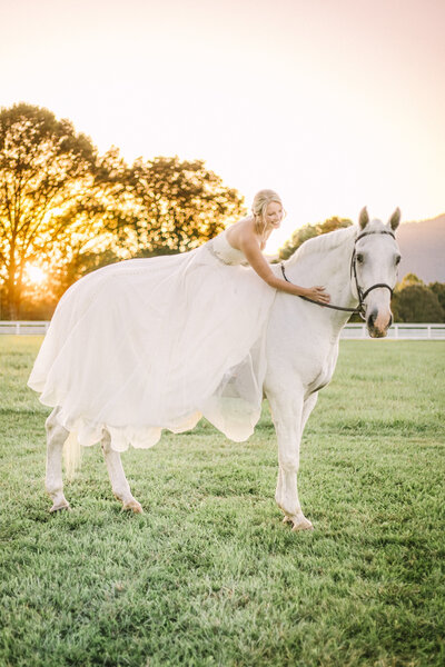 Bride on a white horse in the sunsetWedding photography Lynchburg Virginia. Amative Creative wedding photo and video.