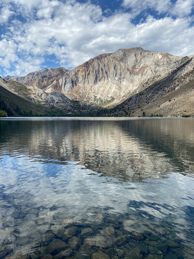 A photo of a mountain range in California with a lake in the foreground.