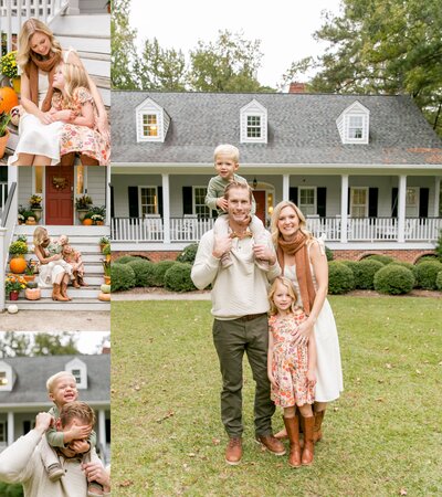 Columbia SC family photo session on a Southern porch with white columns and fall decorations. Parents with two children enjoy playful, candid moments on the front lawn and steps, captured in warm autumn portraits by Emily Ann Photography.