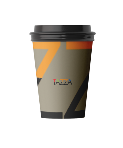 A takeaway coffee cup with an abstract design and the word "TAZZA" on it.