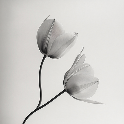 Two tulips in an ethereal minimalist style with black and gray tones, set against a white background. The delicate texture, fine lines, and intricate petal details highlight the elegance and sophistication of luxury branding design, perfect for high-end custom branding and creative design solutions.