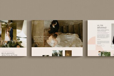 A flat lay of three screens shows the Showit template customization for Stress Free Weddings crafted by expert Showit Designer Bayou Brand House.