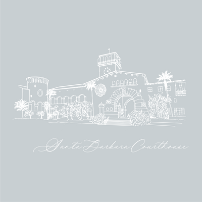 Santa Barbara Courthouse Sunken Gardens Save the Date with venue illustration hand drawing and calligraphy