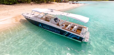 One of Aqua Shores 45ft powerboats docked on a sandy beach