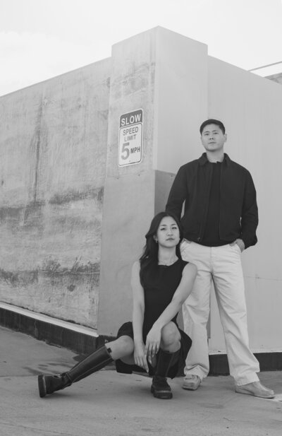 black and white city engagement portrait by Southern California wedding photographer