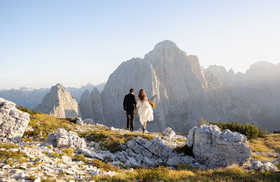 A photo of bride and groom sharing a kiss in Dolomites, photo taken by kollar photography. Arizona Elopement Photographer