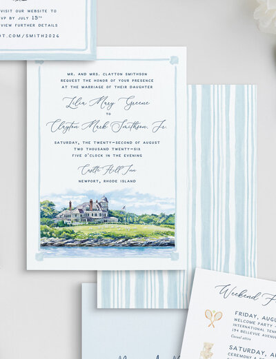 Newport Rhode Island invitation suite featuring envelope liner with watercolor art of newport bridge