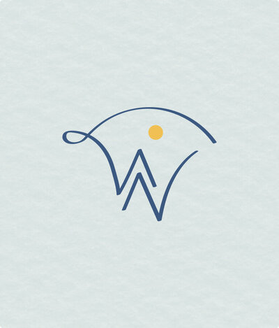 Blue logomark depicting two W's is placed on top of a light green background.