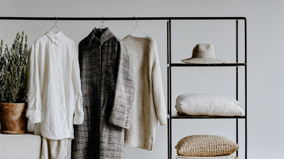 Curated neutral wardrobe with luxury textures styled for Jasmina Kimova’s personal brand shoot, featuring elegant linens, knits, and soft tailoring
