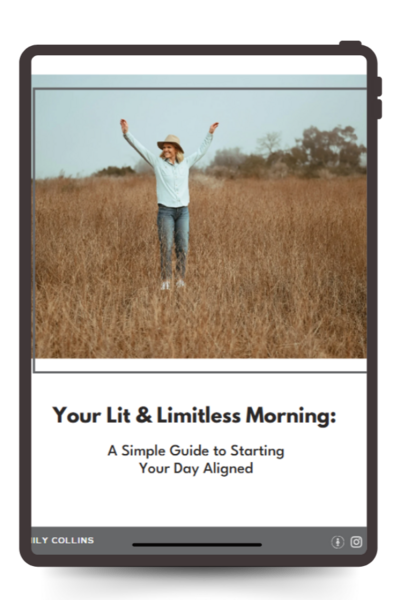 Mockup of the Lit & Limitless Morning Guide showing a joyful woman in a field with arms raised.
