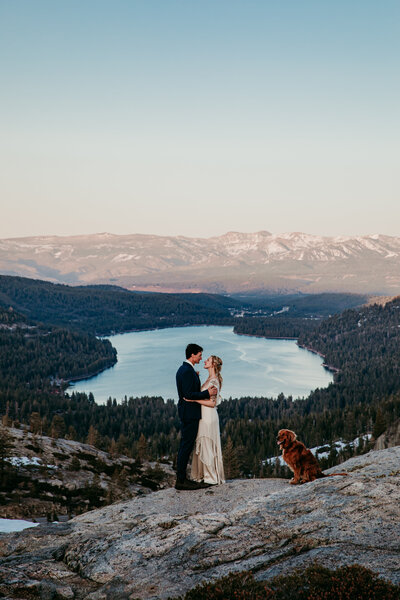 Bride and groom sharing a playful, romantic moment in a golden meadow at Yosemite National Park, with towering granite cliffs in the background
