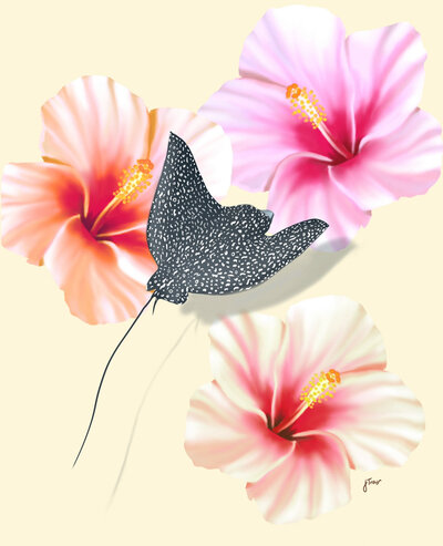 An spotted eagle ray swims over orange and pink hibiscus flowers, illustrated against a light beige background.