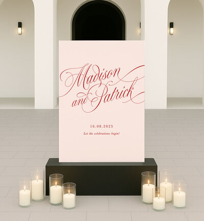 Modern script style welcome sign in blush dusty rose print on peg stand to hire from State of Elliott