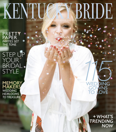 Magazine cover of Kentucky Bride with girl blowing confetti