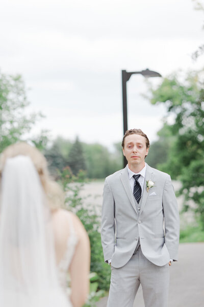 Grey Loft Studio - Bethany and Luc Barette - Wedding Photography Wedding Videography Ottawa - first look bride walking towards groom - wedding in Carleton Place