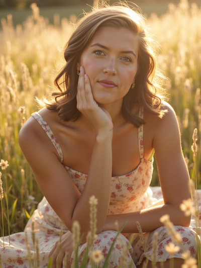 A brunette, light-skinned woman is sitting on the floor and smiling at camera, wearing a denim top