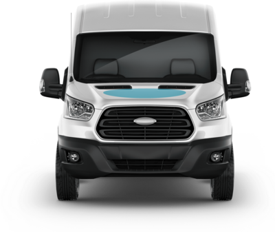 The front of a white Transit van with a blue oval on the hood to indicate where graphics can be placed