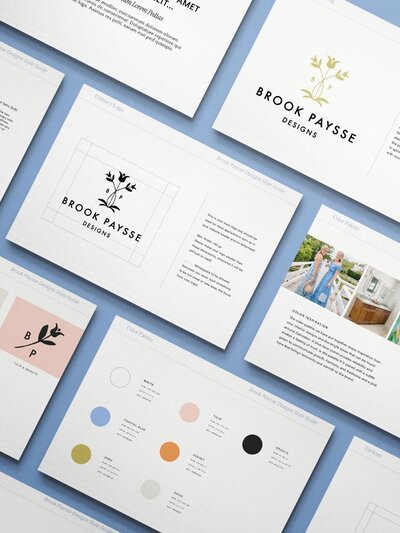 Flat lay of Brook Paysse Designs brand style guide, displaying the full logo suite, color palette, iconography, and visual inspiration—crafted for interior designers with a personal touch.