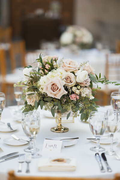 Lush Blush Compote wedding centerpieces at Greystone Mansion