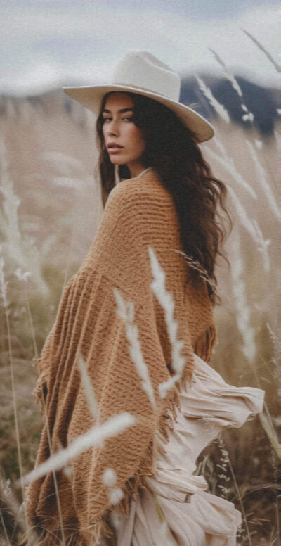 Woman wearing a tan poncho and white hat stands in a field of tall grass, looking over her shoulder on a cloudy day—a serene scene reflecting the thoughtful style of Sweet Pea Ink Creative.
