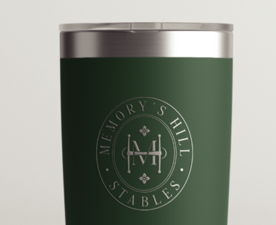 tumbler with logo Memory's Hill Stables