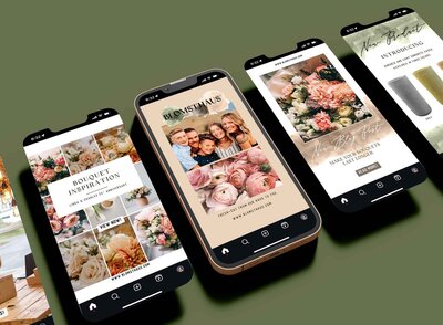 A mockup of different social media posts including a phone. Photos consist of  flowers, tan, green, brown, and white.