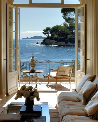A sunlit room with a sofa and coffee table overlooks a sparkling ocean view through open patio doors. A balcony with a table and chair offers a scenic vista of the sea, trees, and distant hills under a clear blue sky.
