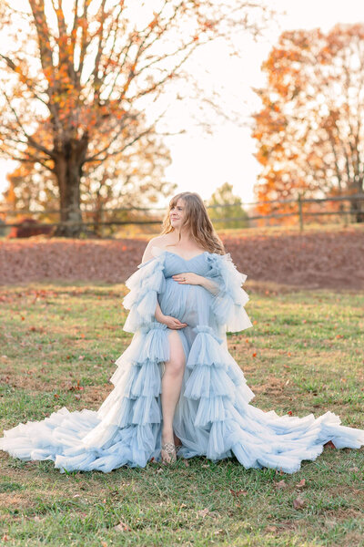 A pregnant mom in a pink dress being kissed on the forehead by her husband at a park in NOVA at sunset.