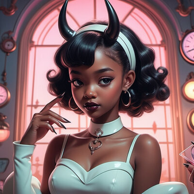 Black haired girl with horns with hard gel nails