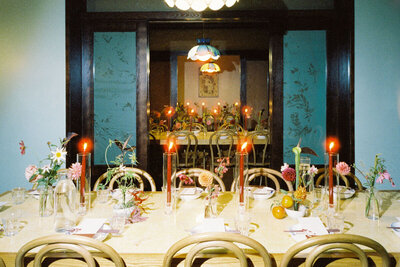 beautiful wedding reception at Cafe China in NYC captured on 35mm Cinestill film