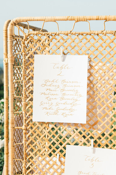 Calligraphy  seating chart on rattan screen for Block Island wedding