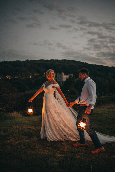 bride leads Groom during walk