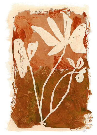 Terracotta and Rust abstract  painting  with background of natural botanical leaves on top,