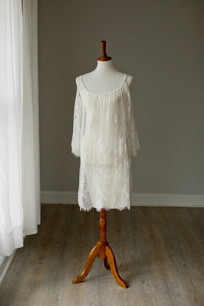 see through white lace short dress with sleeves & cold shoulder