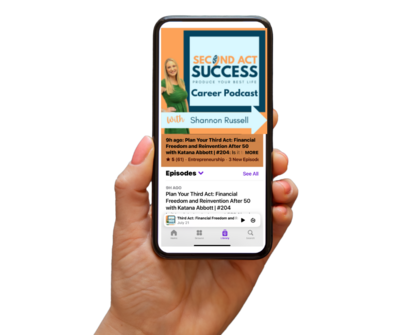 Second Act Success Career and Business Podcast on a mobile phone with a woman's hand holding it. 
